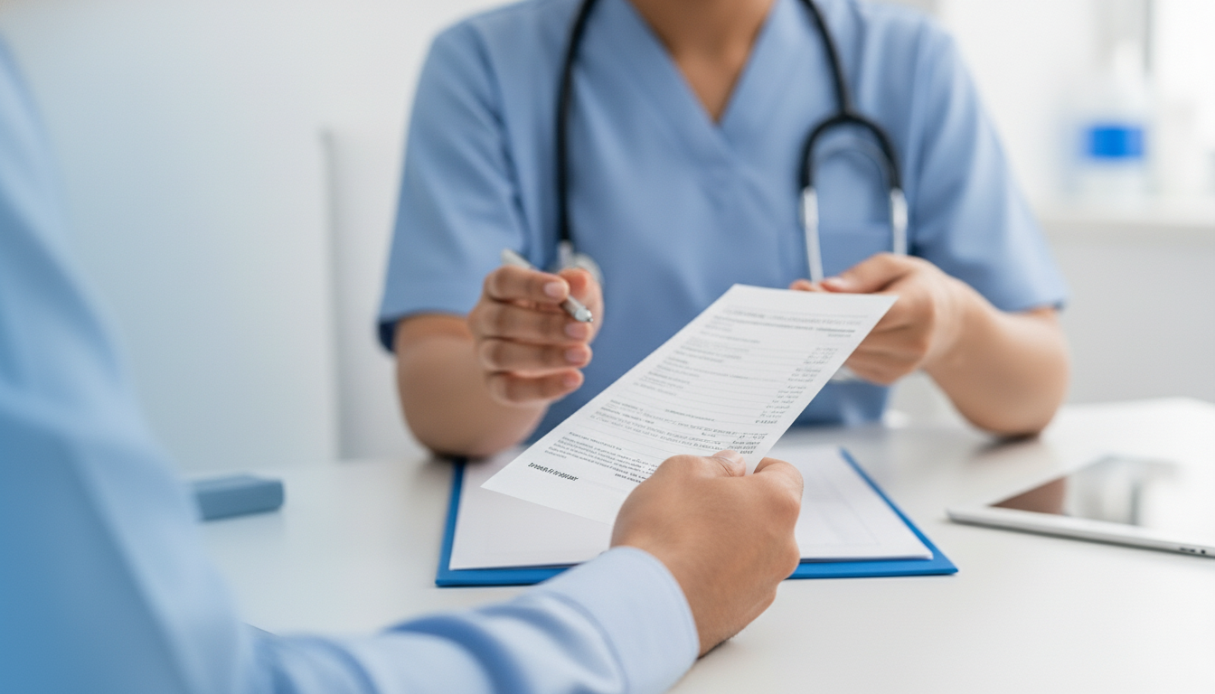 Patient handing prescription to a diagnostic care professional